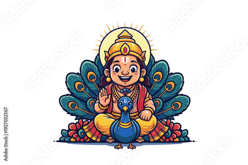 Cute Bala Murugan with Tripundra and Peacock – Colorful 2D Flat Vector Illustration