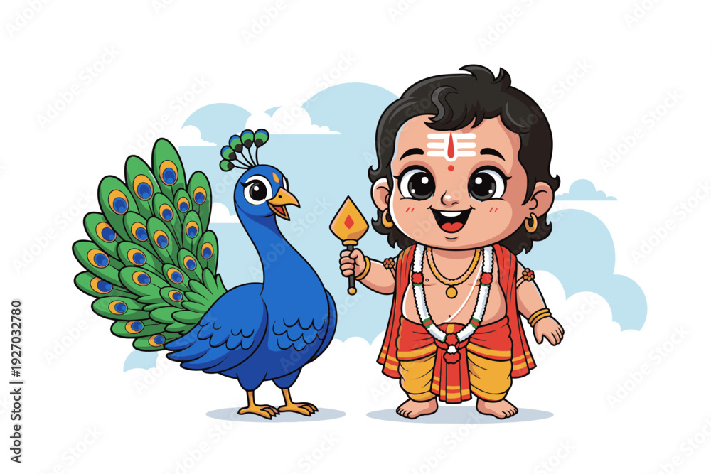 Fototapeta premium Cute Bala Murugan with Tripundra and Peacock – Colorful 2D Flat Vector Illustration