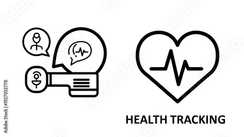 Conceptual icons for health tracking: a person in a chat bubble with a heartbeat, a device with a signal, and a heart with an EKG line.