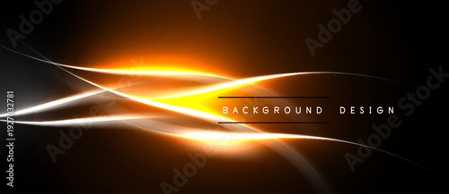 Abstract lines create dynamic glow effect. Orange, white light radiates from center, dark background enhances contrast. Modern design element.