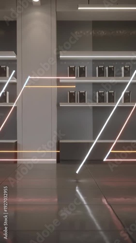 Modern minimalist showroom interior featuring abstract geometric light installations and product shelves with glossy reflections.