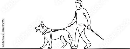 Blind man and guide dog in one line art style. one line Icon drawing