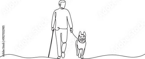 Blind man and guide dog in one line art style. one line Icon drawing