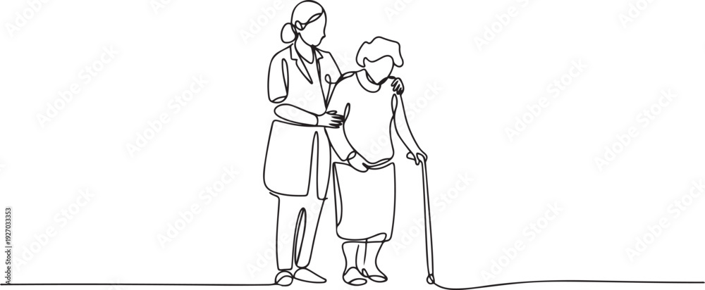 Obraz premium Continuous one line drawing Female Doctor helping old woman patient with walking stick to walk. Doctor and Patient concept. one line Icon drawing