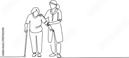 Continuous one line drawing Female Doctor helping old woman patient with walking stick to walk. Doctor and Patient concept. one line Icon drawing