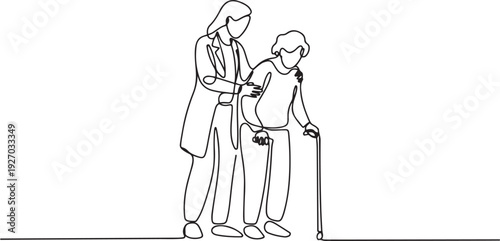 Continuous one line drawing Female Doctor helping old woman patient with walking stick to walk. Doctor and Patient concept. one line Icon drawing