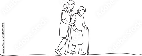 Continuous one line drawing Female Doctor helping old woman patient with walking stick to walk. Doctor and Patient concept. one line Icon drawing