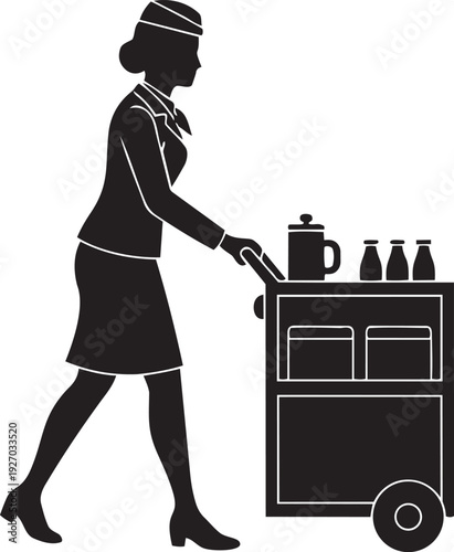 Flight Attendant Pushing Beverage Cart on Plane