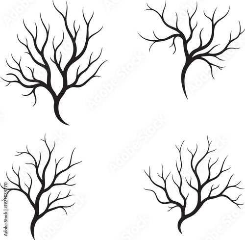 Abstract bare tree branch silhouettes vector design collection, ideal for nature-inspired graphics and decorative elements on a transparent background