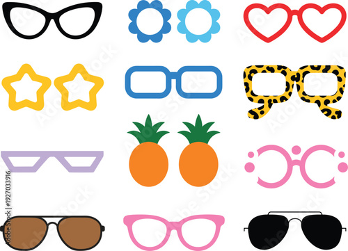 Assortment of colorful and patterned eyeglasses and novelty glasses for booth props and fashion accessories