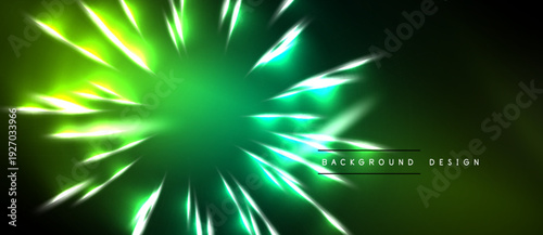 Bright green energy burst radiates from center. Dark background creates dramatic visual effect. Modern design element.