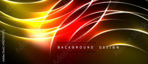 Abstract neon lines create dynamic energy. Bright yellows, reds blend into dark background. Modern design element.