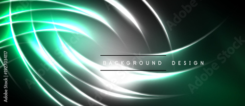 Abstract flowing lines, vibrant green, silver hues. Modern design element, dark background creates dramatic effect. Smooth gradients, dynamic composition.