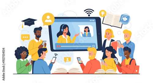 Diverse Group Engaged in E-Learning: Online Education, Digital Webinar, and Distance Learning Platform Illustration for Students and Remote Classes.