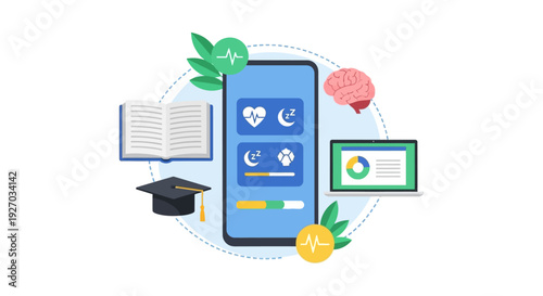 Holistic Life Optimization App Concept. Digital Wellness, Health Tracking, Sleep Management, Learning, and Productivity Monitoring via Mobile Phone.