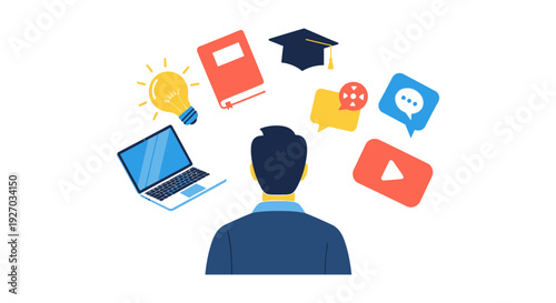 E-Learning and Knowledge Choice: Man surrounded by education resources, digital icons, graduation cap, book, laptop, and lightbulb symbolizing study options.
