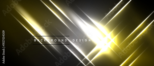 Abstract background features golden, white light streaks. Dramatic contrast creates modern, energetic visual effect. Minimalist design.