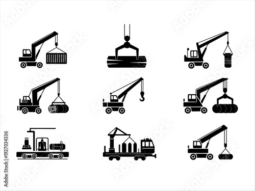 Set of nine black silhouette icons showing cranes, hooks, and lifting machinery used in construction, industry, and logistics, ideal for design, signage, or educational use