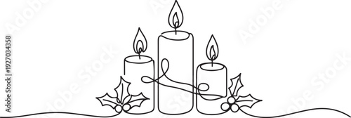 Christmas candles with burning flame. One continuous single line hand drawing art. Vector stock illustration isolated. one line Icon drawing