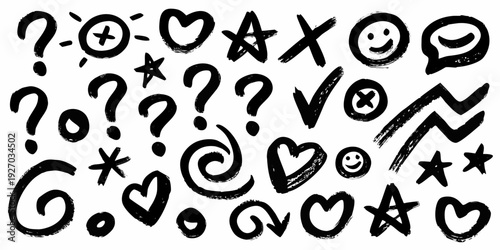 Collection of hand drawn doodle symbols including hearts stars and question marks