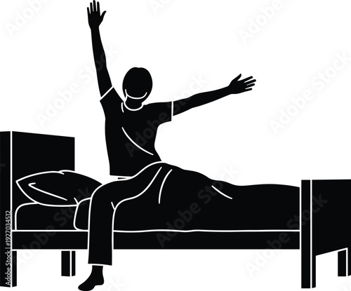 Silhouette vector illustration of a person waking up in bed stretching arms for morning routine and new day start concept.
