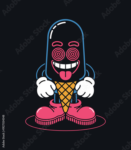 Trippy Ice Cream Cone Character with Hypnotic Eyes and Pink Boots on Dark Background Fun Cartoon Mascot Illustration for Summer and Dessert Theme