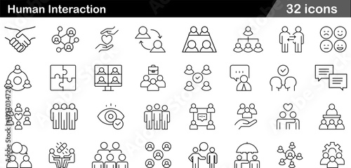 32 Human Interaction Icon Set Handshake, Collaboration, Teamwork, Hierarchy and Communication Symbols in Minimalist Black and White Line-Art