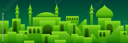 Arabic city panorama in pistachio green color with mosque silhouettes