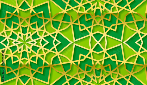 Green and gold islamic geometric star pattern background with 3d layered arabesque shapes
