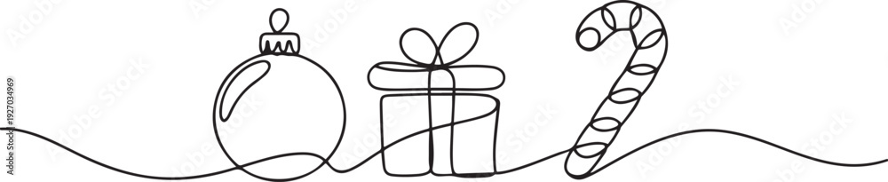 Fototapeta premium Christmas ball, gift box, candy can continues one single line hand drawing vector stock illustration. one line Icon drawing