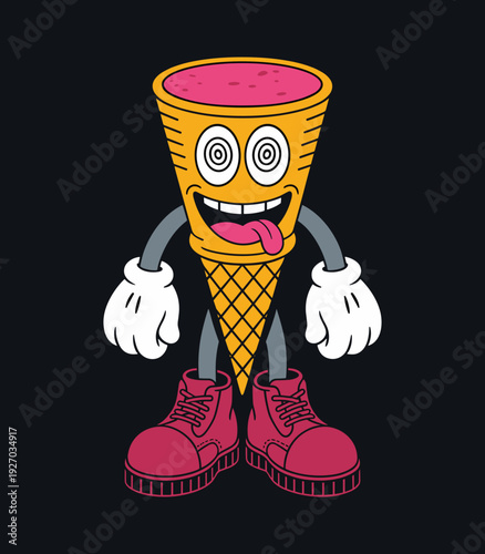 Funny Crazy Ice Cream Cone Character with Hypnotic Eyes and Boots Retro Cartoon Illustration