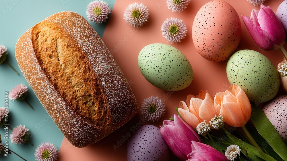 Obraz premium Fresh loaf of bread and colorful flowers arranged on a pastel pink and blue surface, creating a soft, bright, and inviting still life composition.