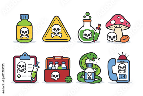 A collection of cartoon icons depicting various poisonous substances and warning signs