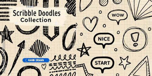Collection of hand drawn scribble doodles on lined paper background