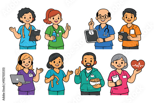 A diverse group of medical professionals in colorful scrubs with various objects and gestures.