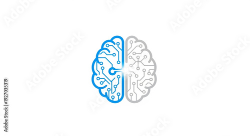 Brain divided into blue and white halves symbolizing technology and human thought