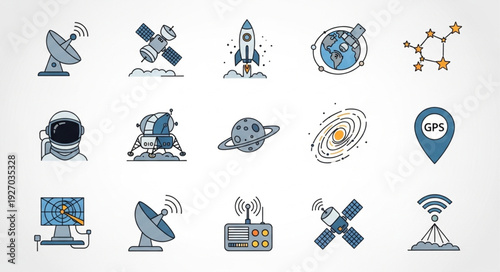 Collection of Space and Technology Icons Representing Exploration and Communication.