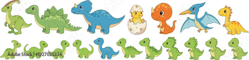Cute Baby Dinosaur Collection with Triceratops, Stegosaurus, Pterodactyl and Hatching Dino Egg Cartoon Vector Illustration Set