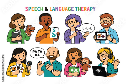 A colorful illustration of speech and language therapy with diverse people and playful graphics
