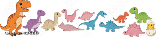 Cute Cartoon Dinosaur Characters Collection with T Rex, Stegosaurus, Brachiosaurus and Baby Dino in Egg Vector Illustration Set