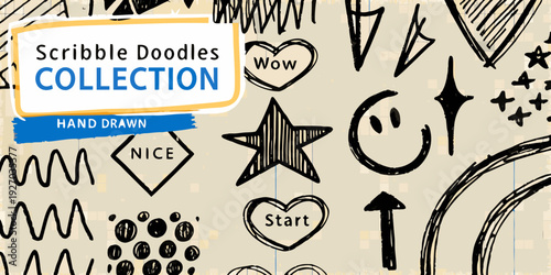 Collection of hand drawn doodle sketches with hearts stars and speech bubbles
