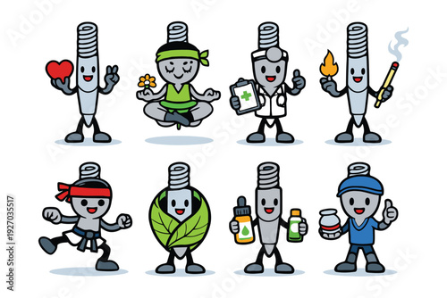 A colorful illustration of cartoon characters representing various healthy and unhealthy lifestyle choices.