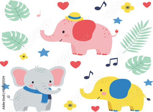 Cute Cartoon Elephants with Hearts, Tropical Leaves and Music Notes Baby Animal Vector Illustration Set