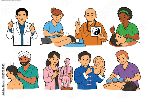 A diverse group of medical professionals practicing acupuncture and traditional Chinese medicine techniques