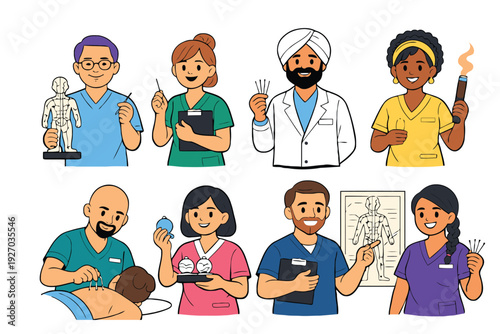A diverse group of medical professionals in various roles and settings.