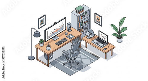 Modern home office workspace with dual desks computers and organized storage