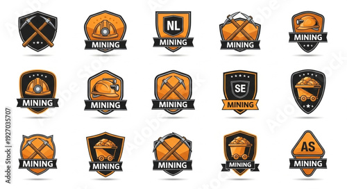 Collection of mining industry emblems and badges with various designs and styles.