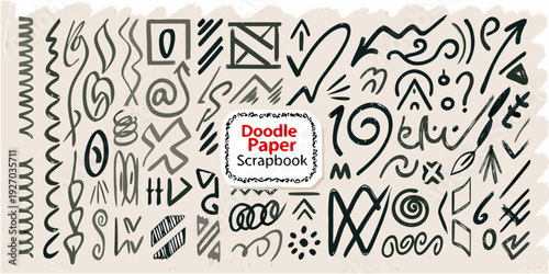 A chaotic collection of black doodles on a light beige background