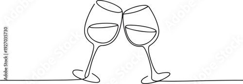One continuous single line of hand drawn with Two glasses of wine cheering isolated. one line Icon drawing