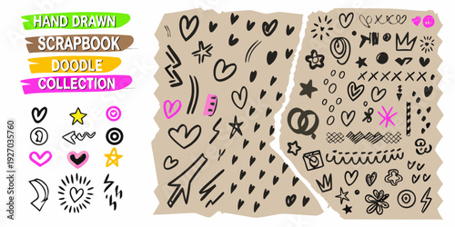 Hand drawn scrapbook doodles and decorative elements on beige paper